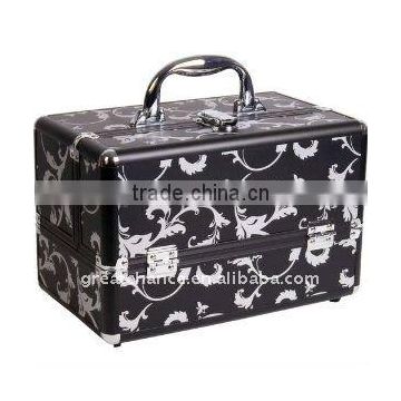 12 inch Silver Floral in Black Aluminum Train Case Makeup Artist Cosmetic Organizer