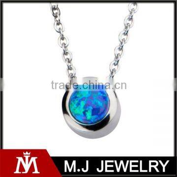 Womens round pendant charm necklace Blue stone Chain necklace stainless steel silver necklace
