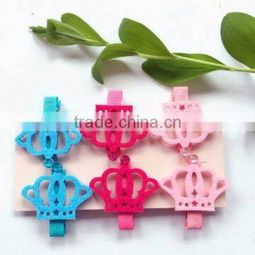 China Three Types Cute Princess Crown Pattern no Slip Pink Blue Yellow Polyester Hairpin Felt Hair Clip With Rhinestone photo-2