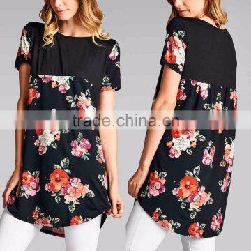 Wholesale Tunic Tops Black Floral Contrast Ladies Tunic Long for Women Custom Made in China