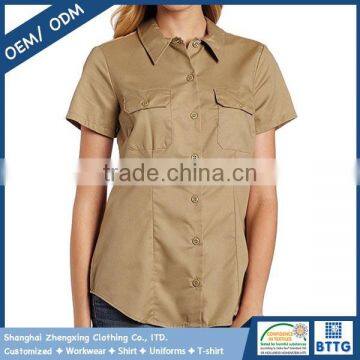 Poly Cotton Twill Blend Fabric Wrinkle-Resistant Work Shirt for Ladies with Short Sleeve with Front Darts for Fit