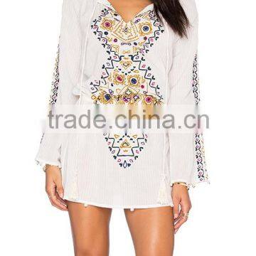 Boho Clothing Embroidered Cotton Mini Dress With Pom Pom Fringe 2016 HSD5810 photo-2