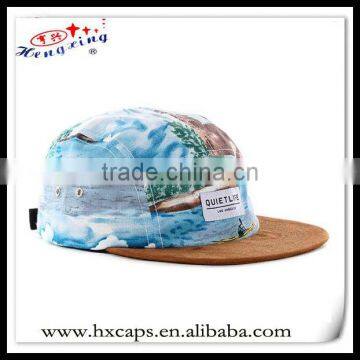 Custom flat suede brim country style printed 5 panel hat