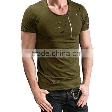 T-shirt,ZYooh Men Casual Slim Fit Zipper Holes Round T-shirt Cotton Solid Color Tee Tops photo-3