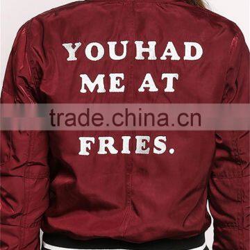 MGOO Foshan Manfuacturer Wine Red Polyester Bomber Jackets Zip Up Custom Back Print Winter Coat With Padded photo-4