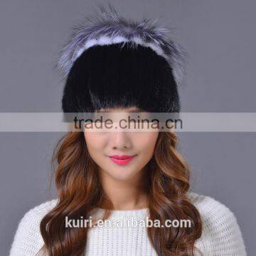 100% Real Knitted Mink Fur Hat With Large Silver Fox Fur Pom Poms Beanies Elegant Women Natural Fur cap