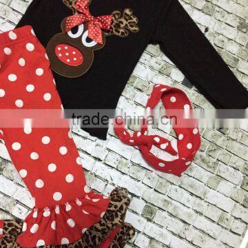 Christmas New Design X-mas Outfits Baby Kidswear Reindeer Leopard Clothes Red/white Dot Ruffle Pant With Accessories photo-3