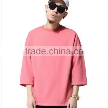 Mens Pink Side Slit Thick 3/4 Sleeve Loose t Shirt