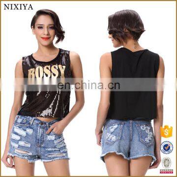 Alibaba Express Gold Print Black Short Girl Tank Top Sequin