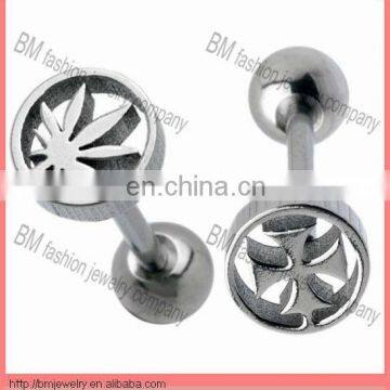 steel flat barbell tongue rings piercing body jewelry with leaf logo design