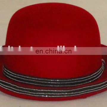 Curled up brim bowler hats, red color