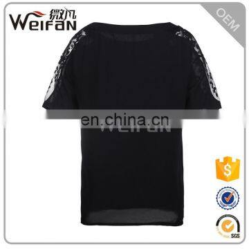 Factory Supply Black Color Lace Double Sleeve Wholesale Women's T-Shirts