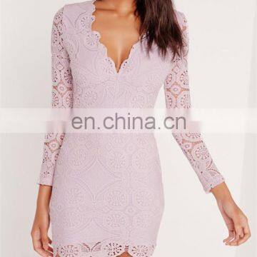 MIKA6036 Lace Long Sleeve deep v neck slim dress