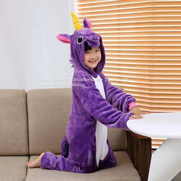 Children Unicorn Cartoon Flannel Conjoined Polyester Pajamas photo-4