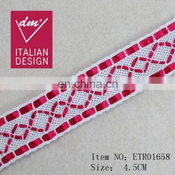Fashionable polyester lace trim crochet red satin ribbon