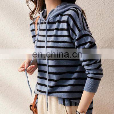 Women Casual Cashmere Knit Striped Pullover Hoodie photo-2