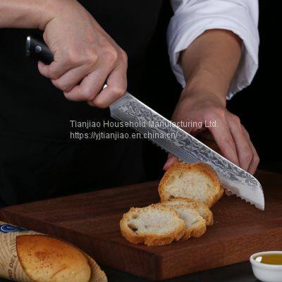 Triple Rivet Collection 8 Inch 67 Layer Damascus Stainless Steel Bread Knife With Black G10
