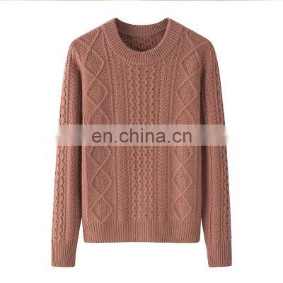 Women's 100% Cashmere Cable Knit Long Sleeves Casual Sweater Winter O-Neck with Front Logo OEM Service