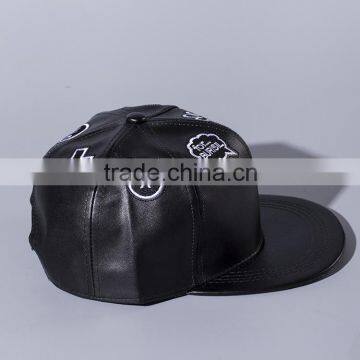 Star Style Cute Hand Embroidery Men Women Hiphop Black Leather Flat Baseball Cap