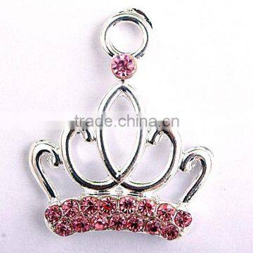 Top Quantity Cheap Silver Alloy Fashion Pink Crown Rhinestone cartoon Necklace pendants for kids jewelry making!!