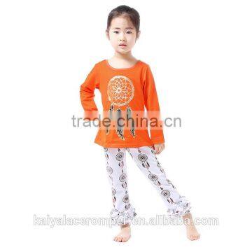 2016 Wholesale cute baby home wear outfits kids ruffle orange clothing set girls fall boutique outfits
