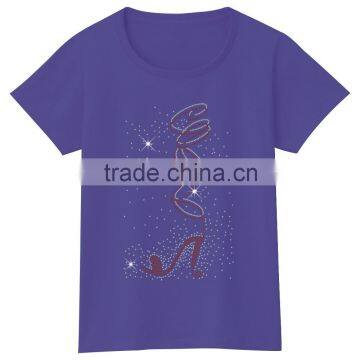 Red High Heels Short Sleeves Rhinestone Girls Soft Cotton Plain Tshirts photo-2