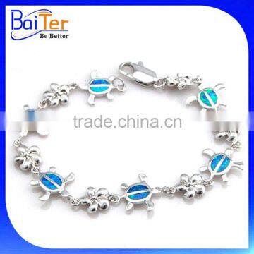Elegant 925 Sterling Silver Synthetic Blue Opal Turtle Charm Bracelet Wholesale