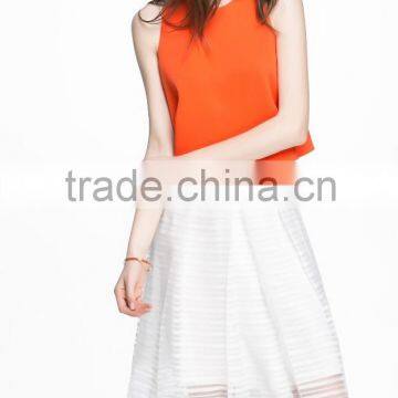 Hot! 2016 Wholesale Fashion White Midi Skater Skirt With Mesh Insert photo-3