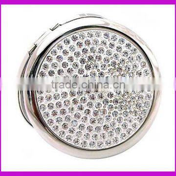 Lady portable style round rhinestone cosmetic mirror