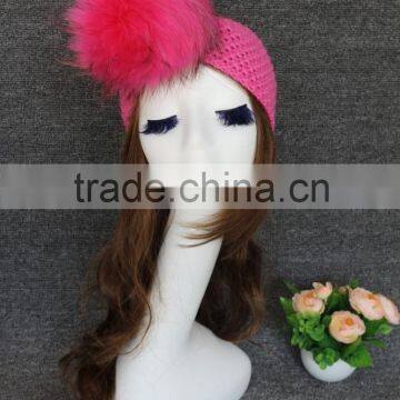 Fashion Knit Headband Pattern Raccoon Fur Pompom Wool Knitted Winter Headband For Women