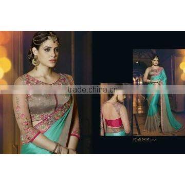 Ecstatic Teal Satin Chiffon Designer Saree/famous indian saree designers