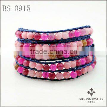 2012 Multi Color Bead Five Wrap Bracelet On Blue Leather