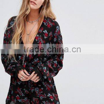 Floral Print Long Sleeve cut work design playsuit, womans playsuit