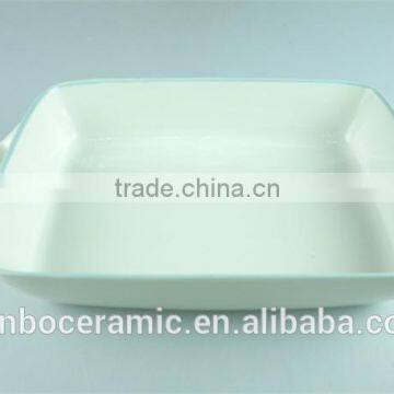 Enamel Ceramic Baking Dish White Green Line Decor Serving Dish Rectangular With Handle photo-2