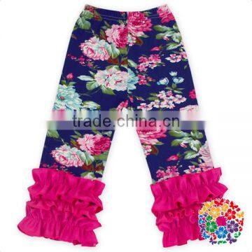 Navy Floral Printing 3/4 Pants Toddler Girl Floral Sew Sassy Icing Pants Girls Ruffle Pants