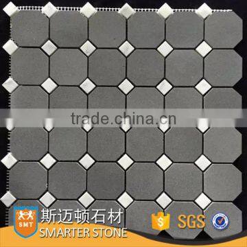 Black basalt mosaic octagon white marble mosaic tile with white dots