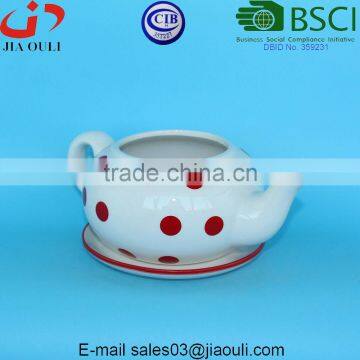 Home & Garden Decration Ceramic Teapot Shape Flower Pot With Red Polka Dots photo-5