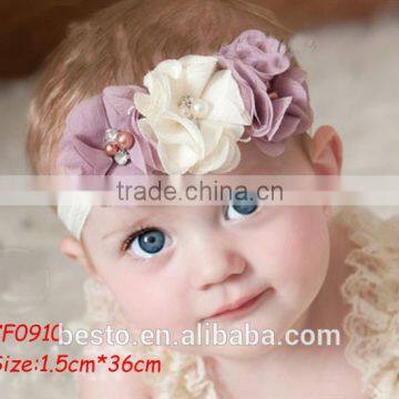 2016 New fashion decorative elastic rhinestone chiffon flower hair band for baby accessories