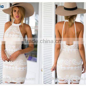 2015 New Elegant Midi Cocktail Dress White Lace High Cut Neck Lace