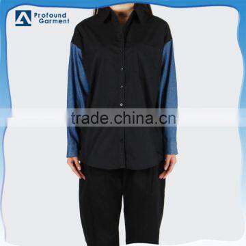 2015 Latest shirt design denim sleeve blocked shirt for girls/girls custom fashion cool shirt design