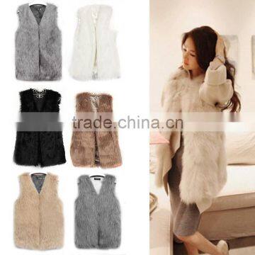 2015 Winter V-neck sleeveless faux fur vest women long waistcoat design vest 6colors