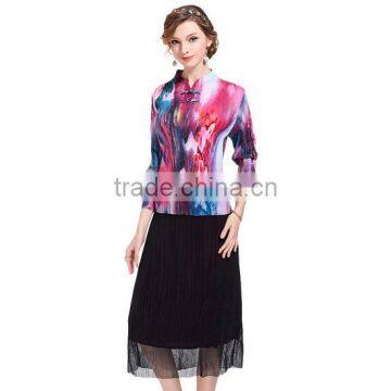 Chinese ink and wash panting double buttons for women folding dress