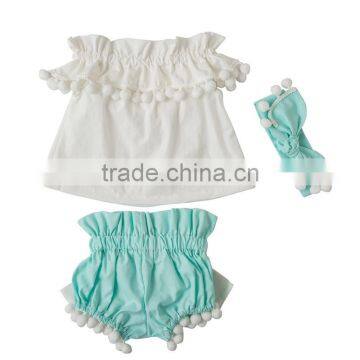 New Arrival Baby Girl Open Shoulder Top Shorts Outfits,pompom Top Set photo-5
