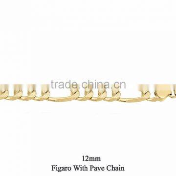 Gold Plated 12 MM Figaro With Pave Chain