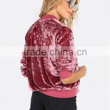 MGOO Custom Label Tag Women Outwear Zip Up Ribbed Trim Velvet Bomber Jacket Coat Pink photo-2