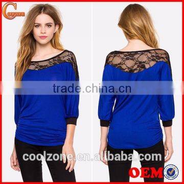 3/4Sleeve Contrast Trims Lacey Yoke Lady Blouses for Women Summer 2015