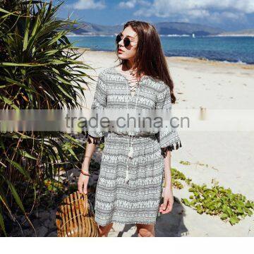 Summer Dress for Women New National Style Printing Dresses With Ropes Short Sleeve V-neck Elegant Beach Dresses photo-2