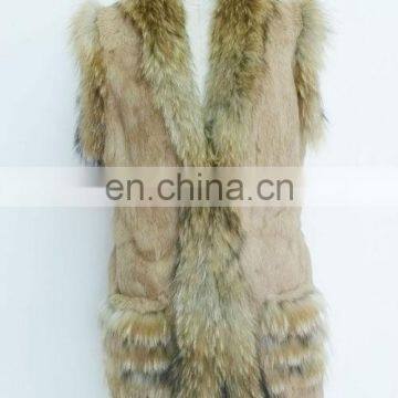 rabbit fur body and raccoon fur trimming sleeveless coats for women