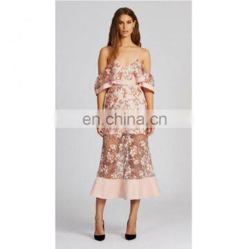 high quality short sleeve transparent hollow lace flower long dress shiny shiny skirt