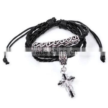 Hot Selling Cross Pendant Handmade Leather Charm Bracelet Wholesale